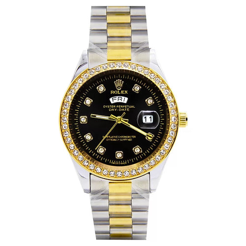 Rolex black dial dual tone chain with day date display analog watch for men