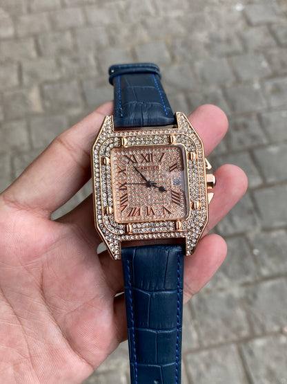 Cartier Full Diamond Rose Gold Leather Belt Men's Watch