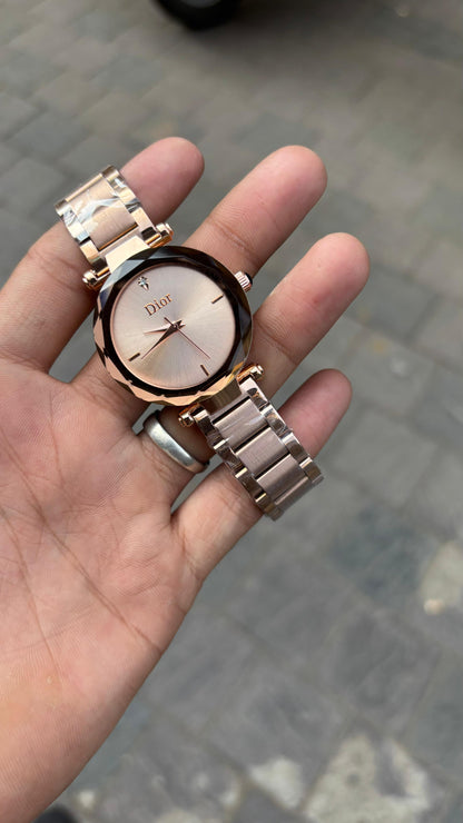 Dior Diamond Cut Rose Gold Dial Metal Belt Watch For Women's