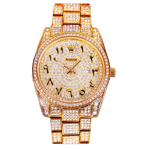 Rolex gold diamond watch for men with arabic numbers and date display